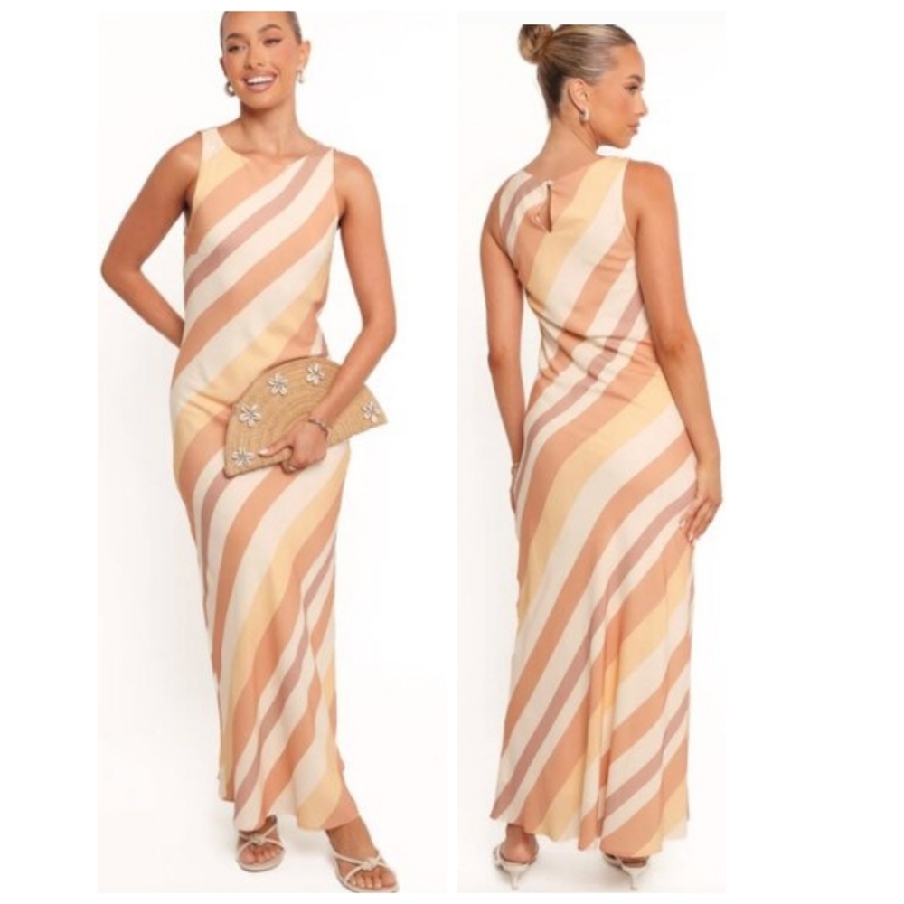 Petal & Pup Flavia Maxi Dress Brown Stripes Size S Brunch Cocktail Vacation - Picture 1 of 16